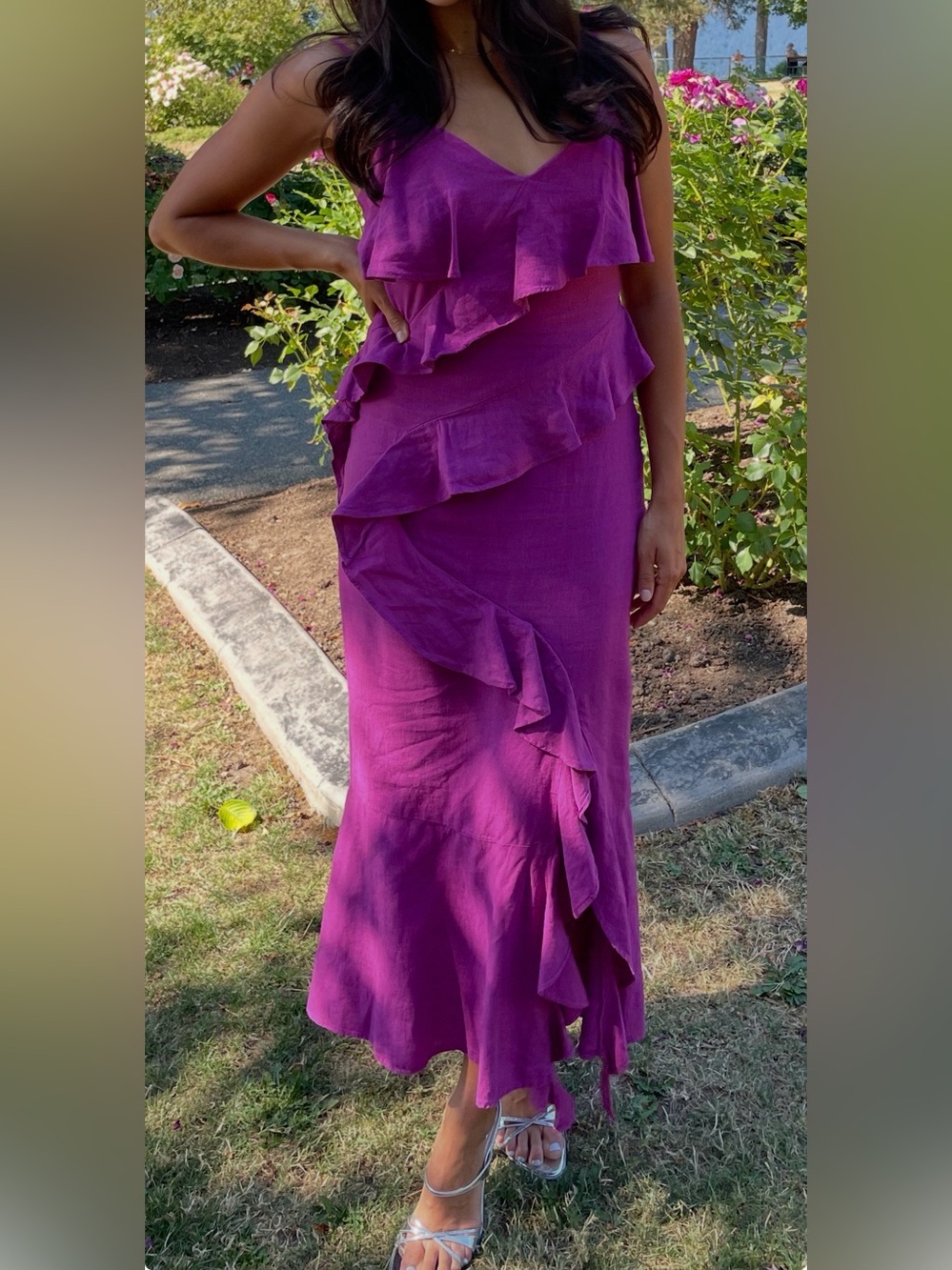 Ruffled Midi Dress in Magenta - Flowy Asymmetric Tier